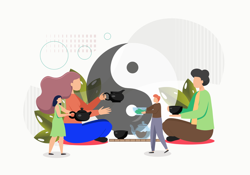 Illustration of people having tea together in front of a large yin-yang symbol, with plants and teapots surrounding them.