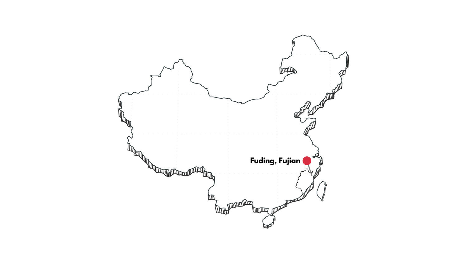 Outline map of China with a red dot marking the location of Fuding in Fujian province, labeled "Fuding, Fujian.