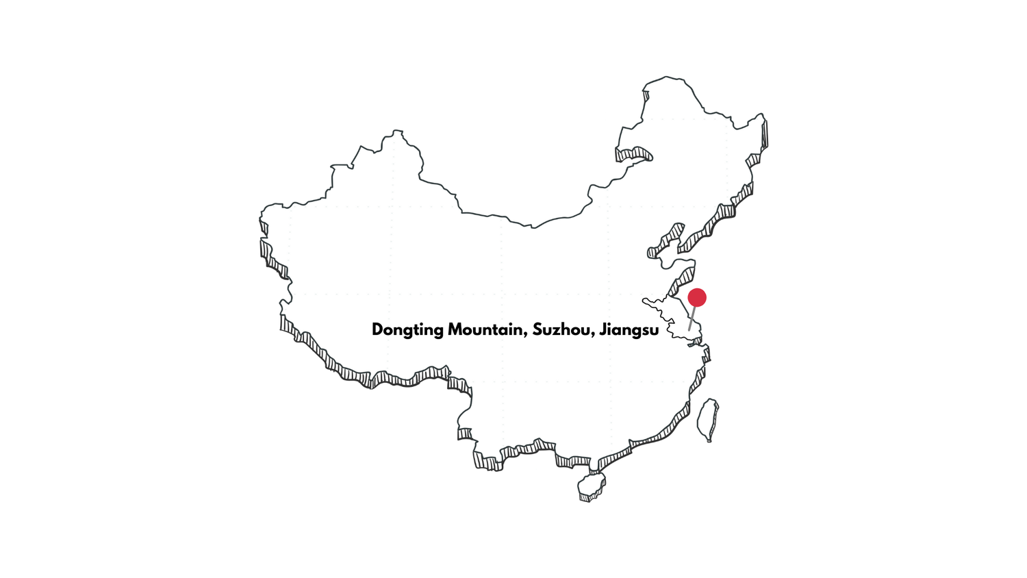 Outline map of China with a red marker indicating the location of Dongting Mountain in Suzhou, Jiangsu.