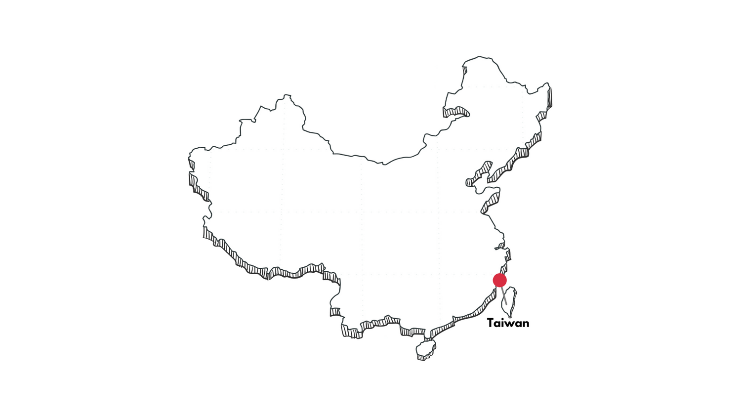 Outline map of China with Taiwan marked by a red dot and labeled "Taiwan" on the east coast, near the southeast edge of the map.