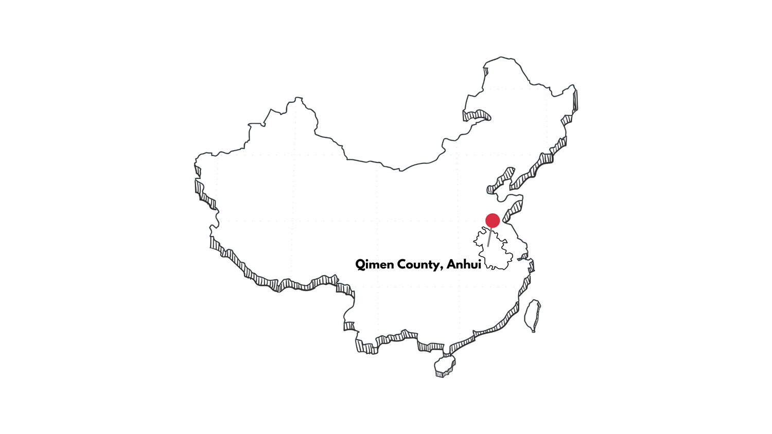 Outline map of China with a red dot marking Qimen County in Anhui Province, labeled for identification.