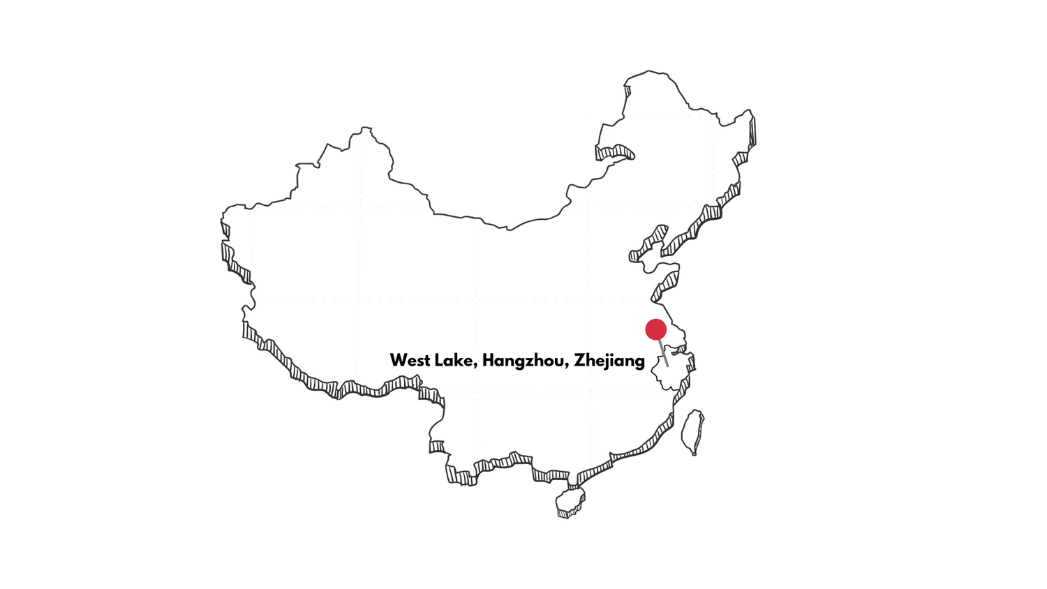Outline map of China with a red dot marking the location of West Lake in Hangzhou, Zhejiang, labeled in black text.