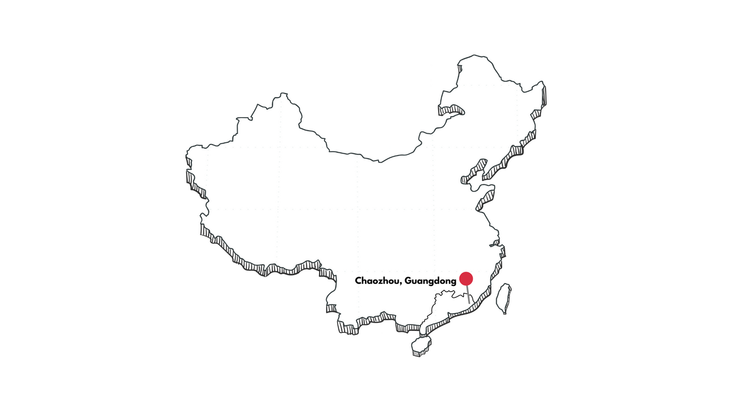 Outline map of China with a red marker indicating the location of Chaozhou, Guangdong in the southeastern part of the country.