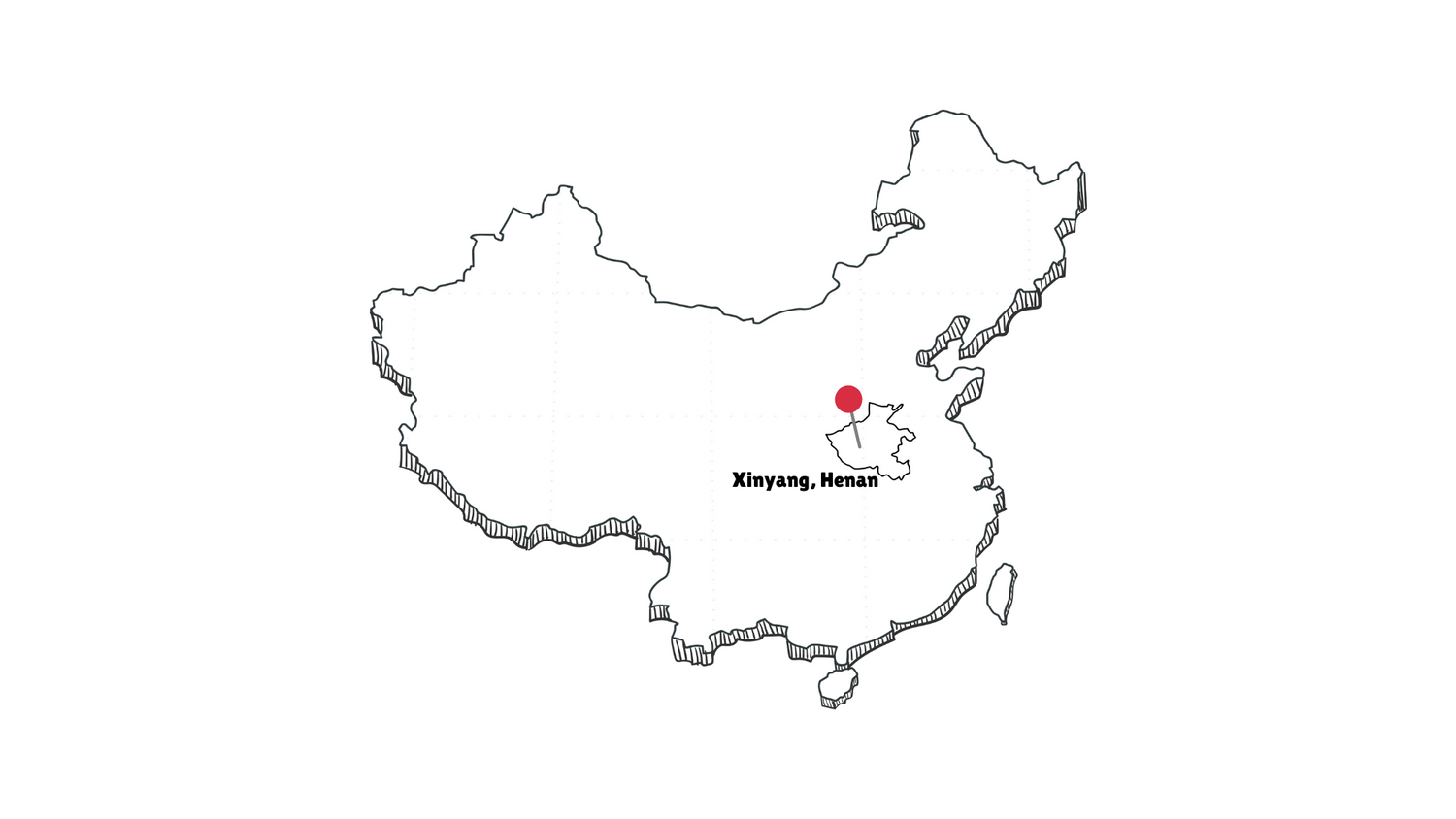 Outline map of China with a red dot indicating the location of Xinyang in Henan province, labeled "Xinyang, Henan.