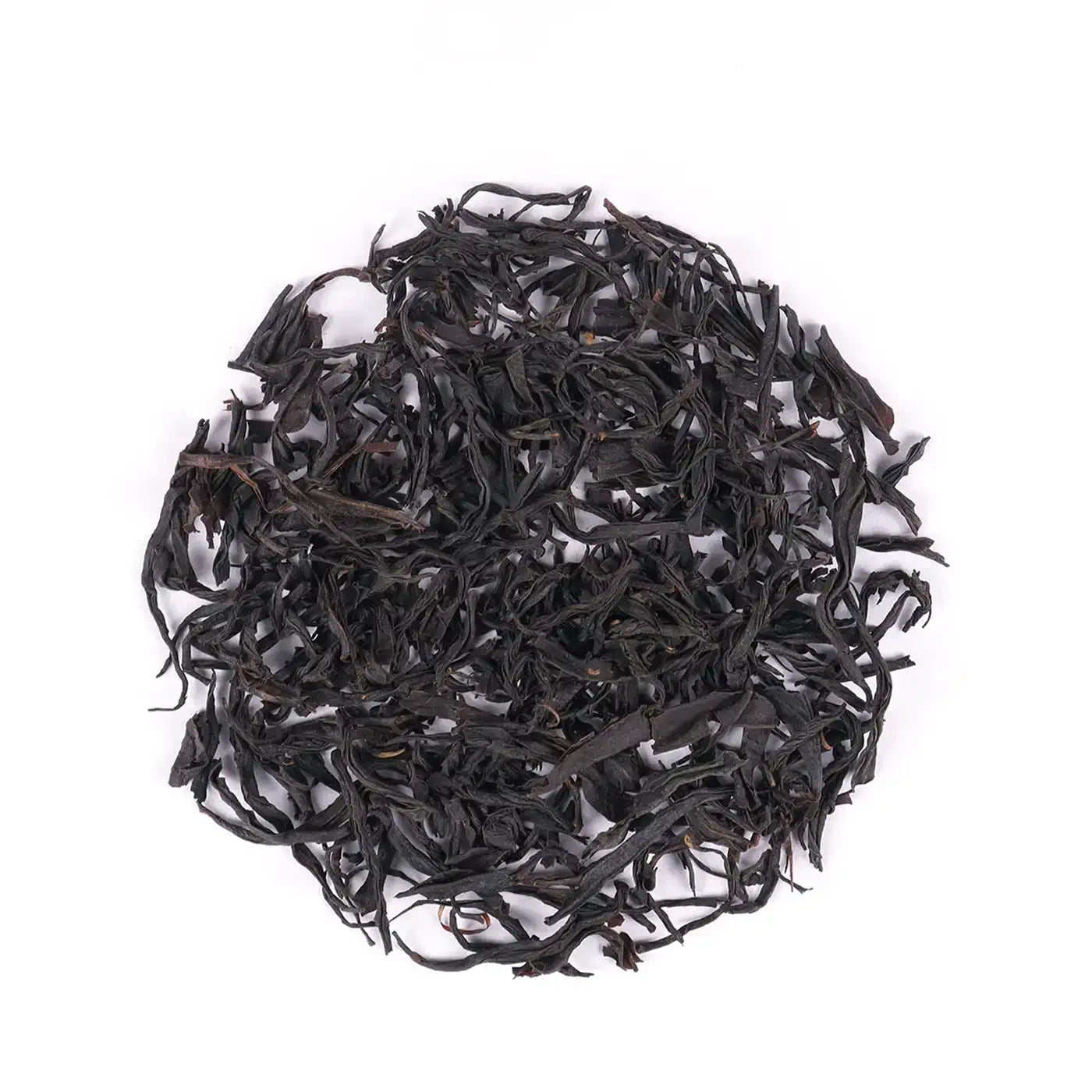 A circular pile of My Store Lapsang Souchong Black Tea, famous for its smoky aroma, is displayed on a white background.