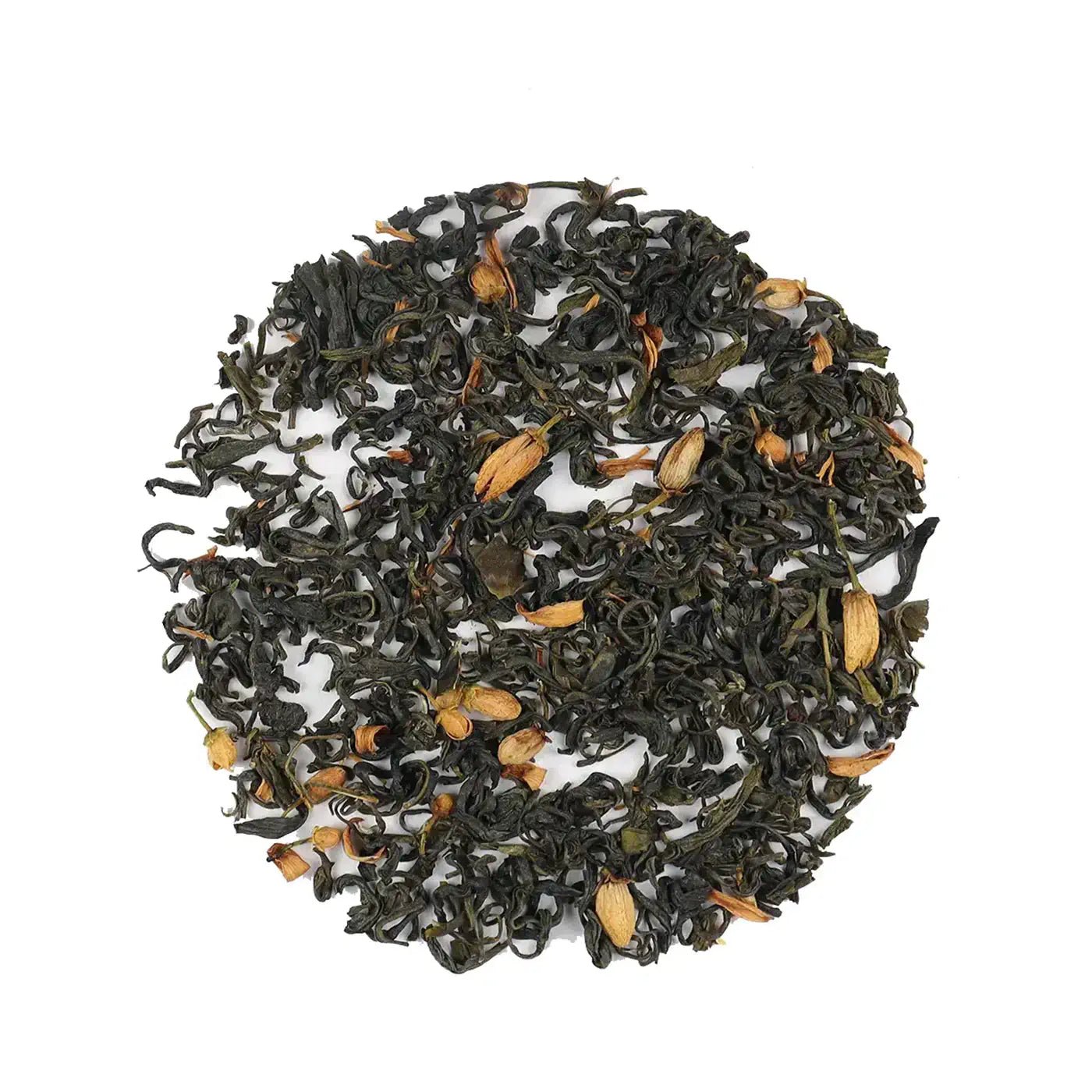 Pomelo Flower Green Tea by My Store is elegantly displayed in a circular arrangement of loose leaf green tea and dried flowers on a white background, highlighting the refined beauty of this wellness blend.