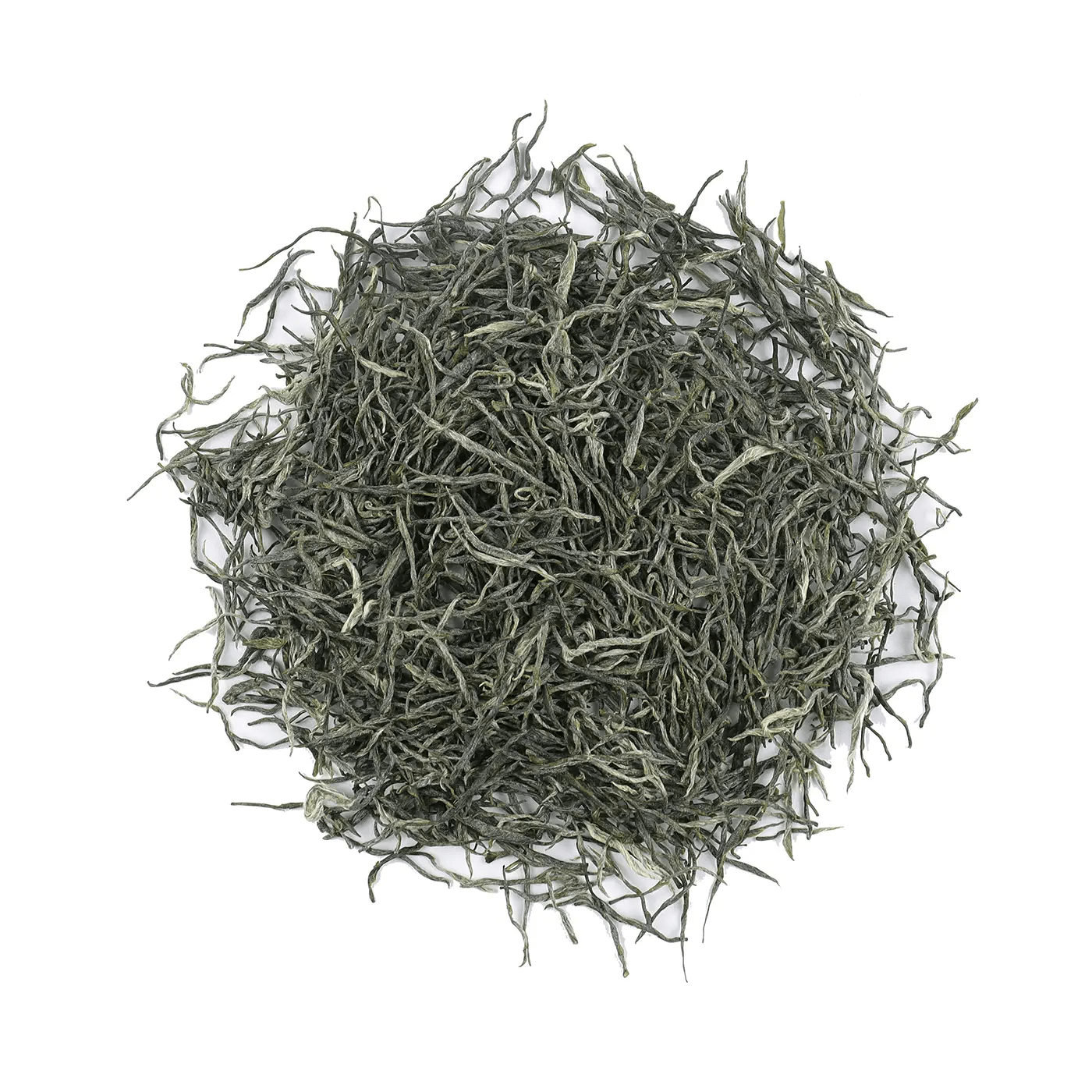 A circular pile of loose Xinyang Maojian Green Tea leaves from My Store displayed on a white background.