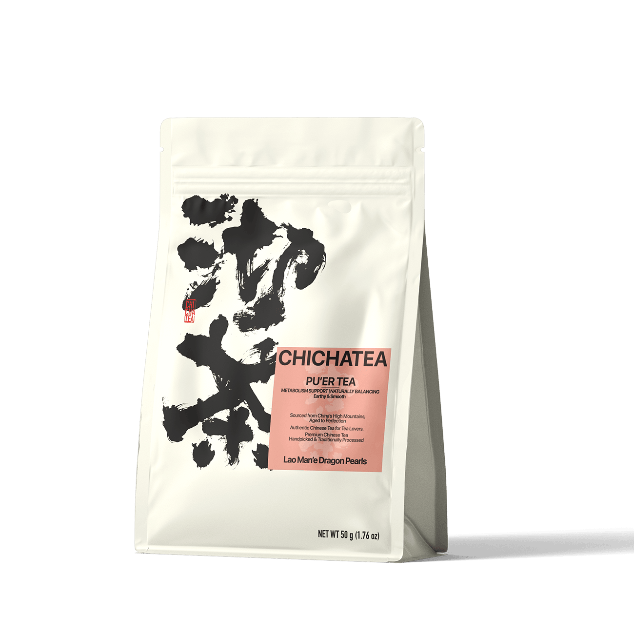 CHICHATEA Pu-erh Tea pouch with product label and black tea leaf graphic