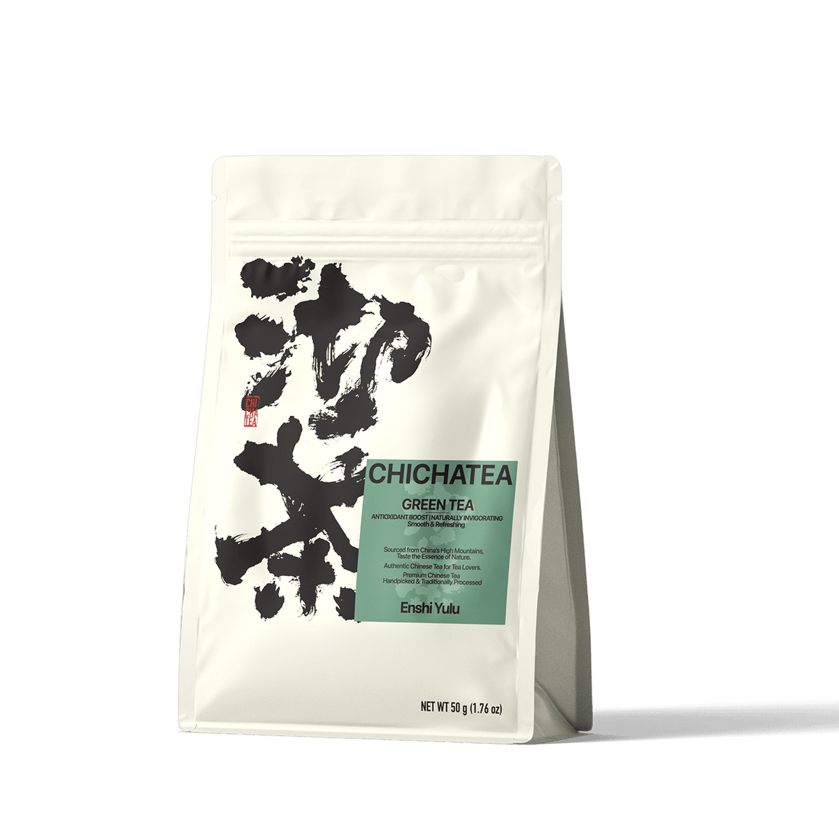 CHICHATEA green tea pouch packaging with green label and brush-style design.