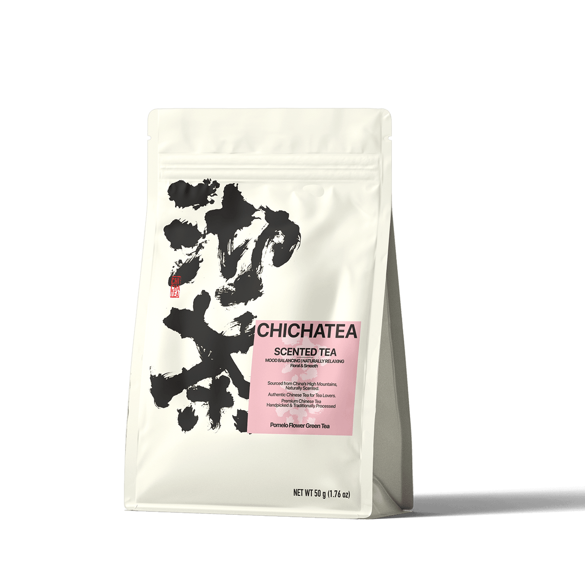 CHICHATEA scented tea pouch packaging with a pink label for floral loose leaf tea