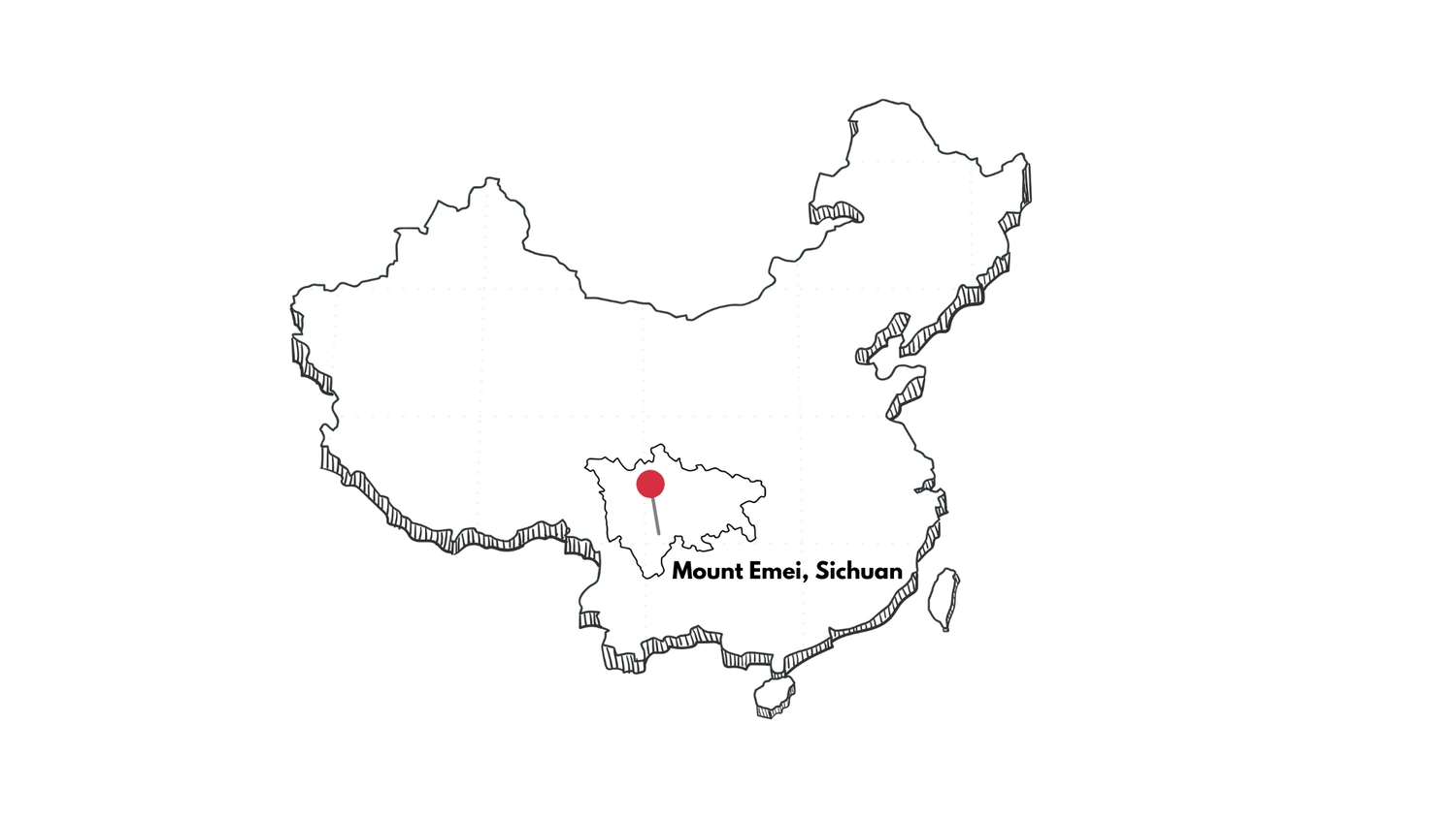 Outline map of China with a red dot marking the location of Mount Emei in Sichuan province, labeled "Mount Emei, Sichuan.