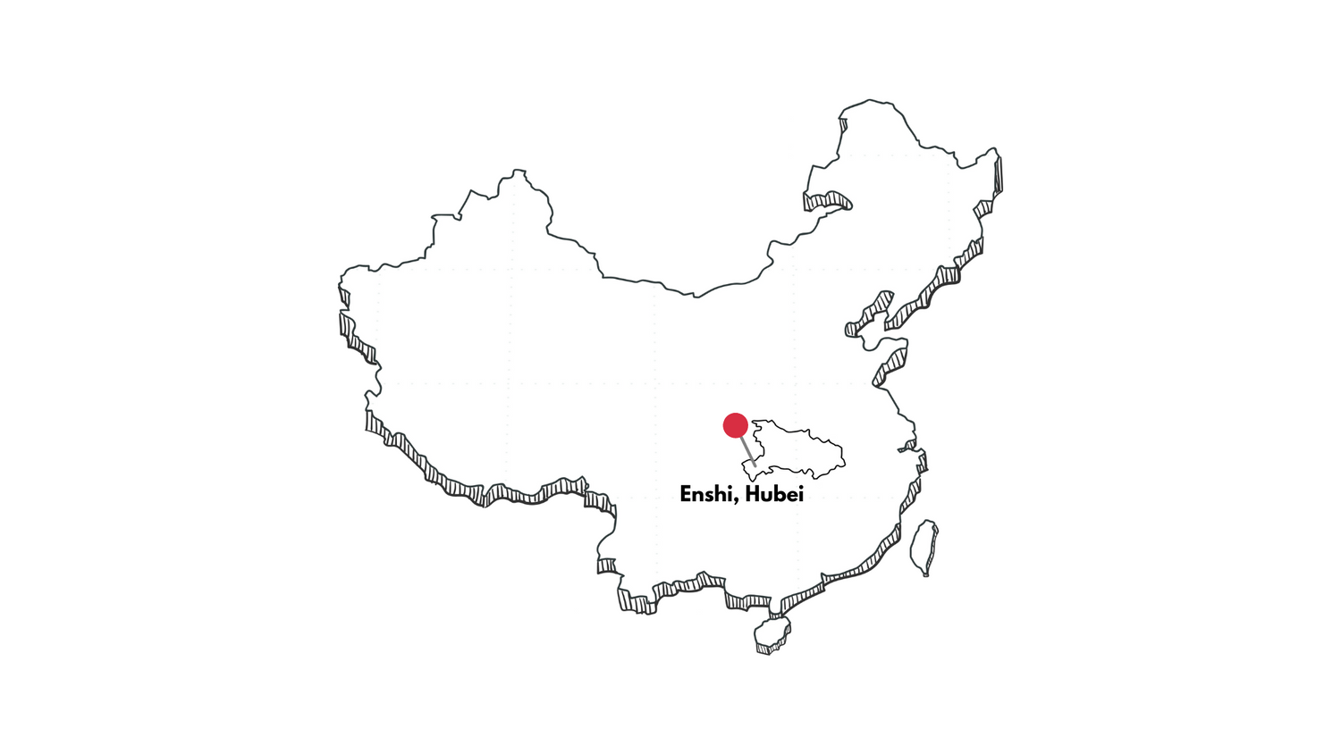 Black and white outline map of China with a red dot and label marking the location of Enshi in Hubei province.