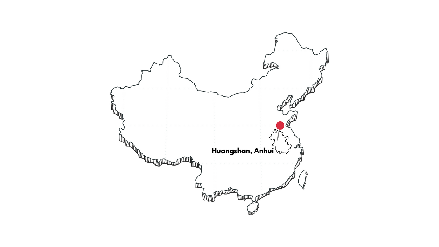Outline map of China with a red dot marking the location of Huangshan in Anhui province, labeled in black text.