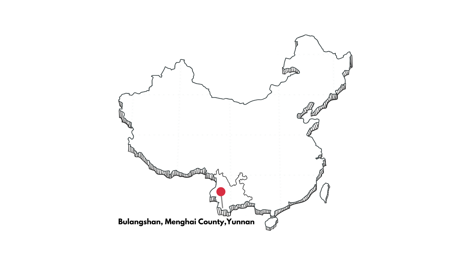 Map of China with a red dot marking Bulangshan in Menghai County, Yunnan province, in the southwest region of the country.