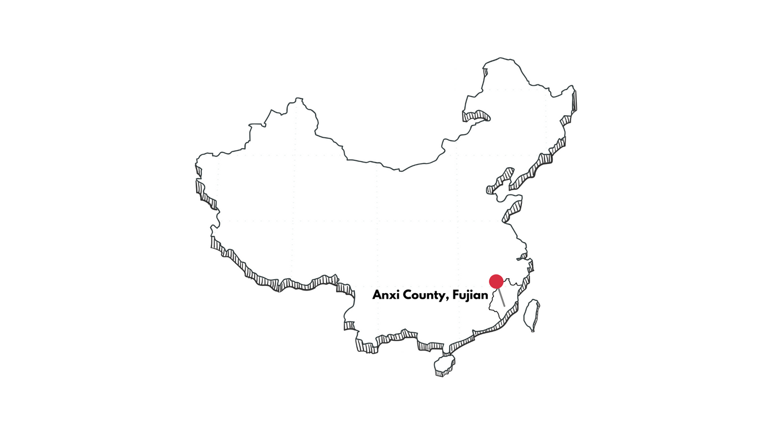 Outline map of China with a red marker indicating the location of Anxi County, Fujian Province on the southeast coast.