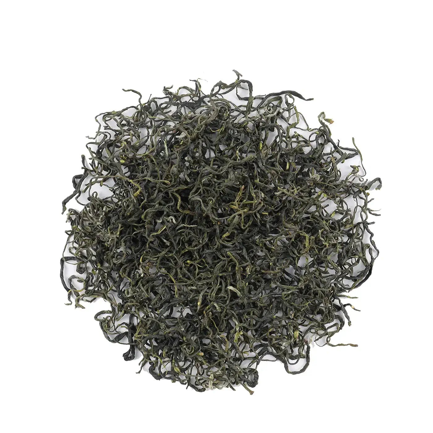 A circular pile of loose Biluochun Green Tea by My Store is displayed on a white background, showcasing its vibrant color and antioxidant-rich quality.