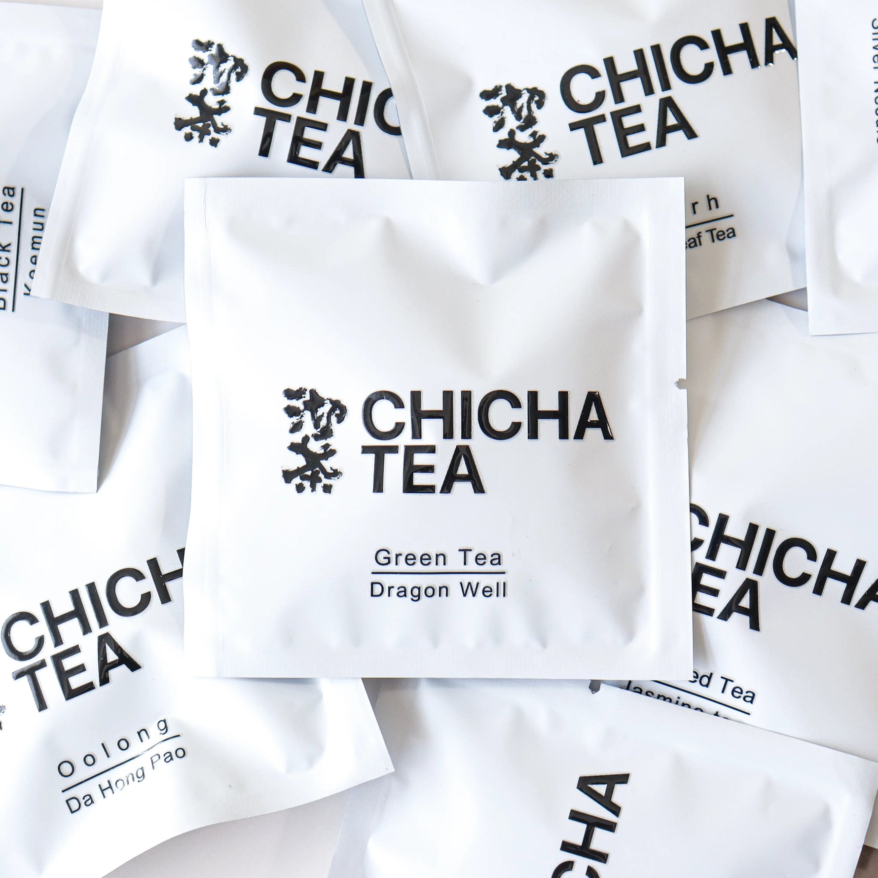 CHICHATEA loose leaf tea sample packets showing green tea and assorted Chinese tea options