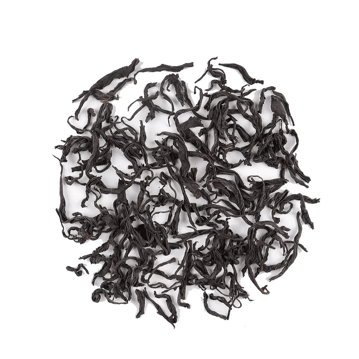 Da Hong Pao Oolong Tea dry leaves arranged in a round pile on a white background.