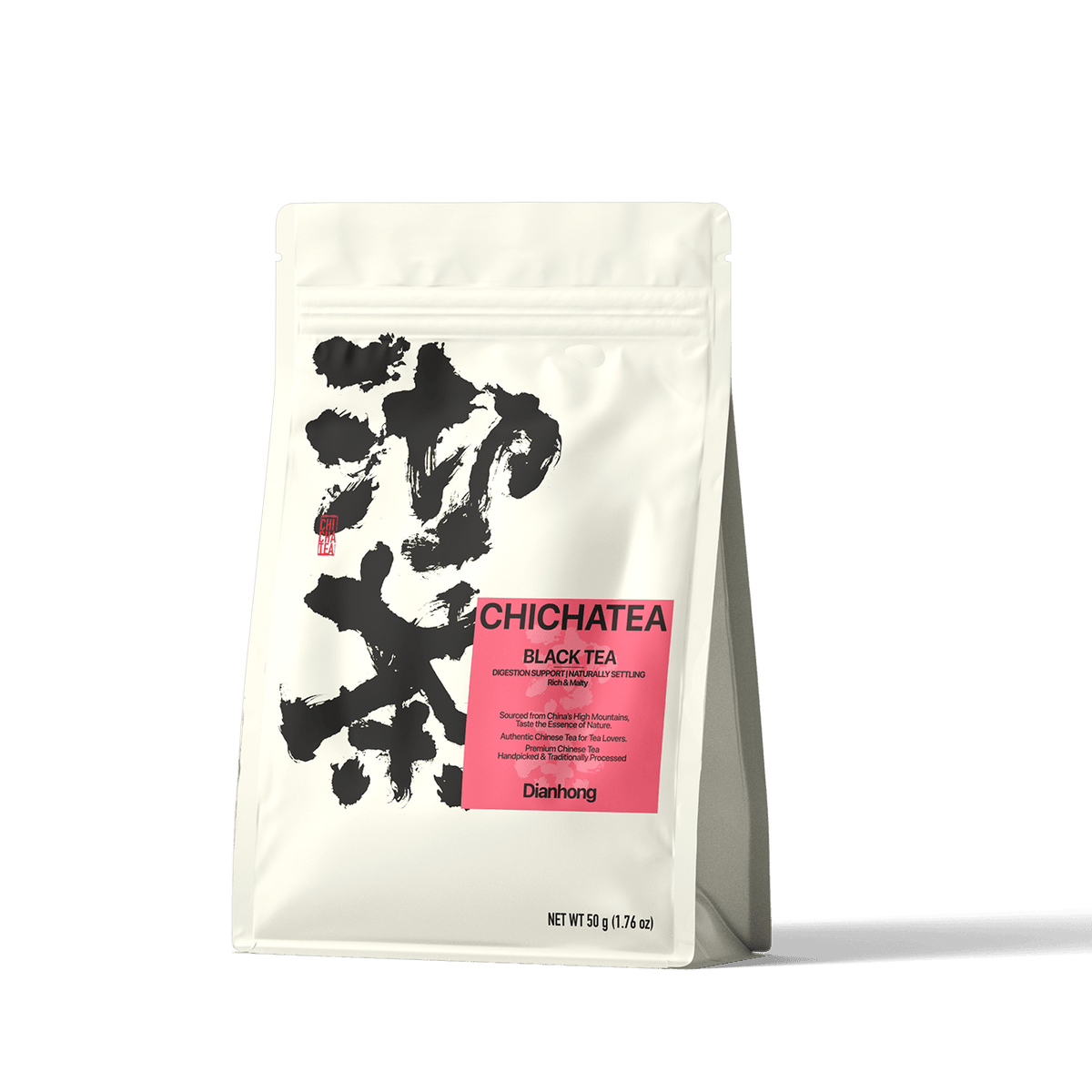 CHICHATEA black tea pouch packaging with pink label and brush-style design.
