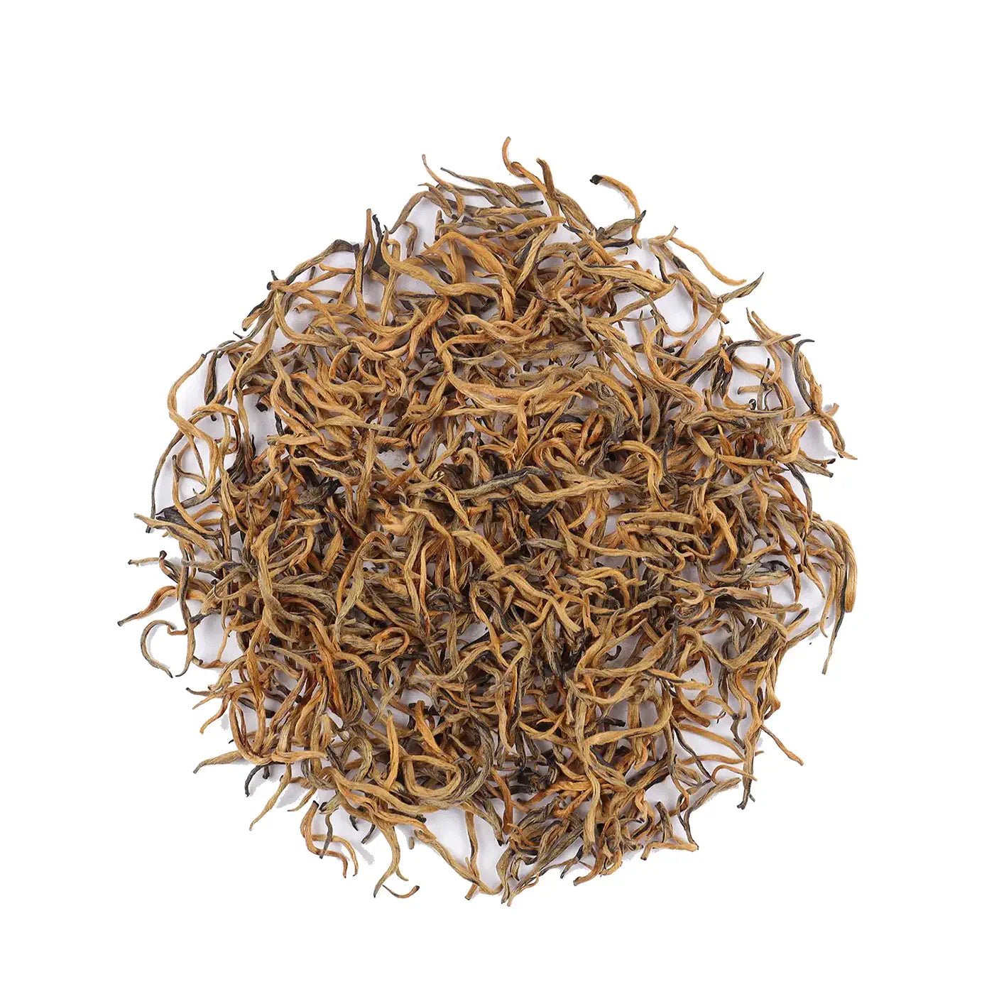 A circular pile of loose Dianhong Black Tea leaves with golden tips is displayed on a white background, highlighting this premium My Store black tea from high-altitude regions.