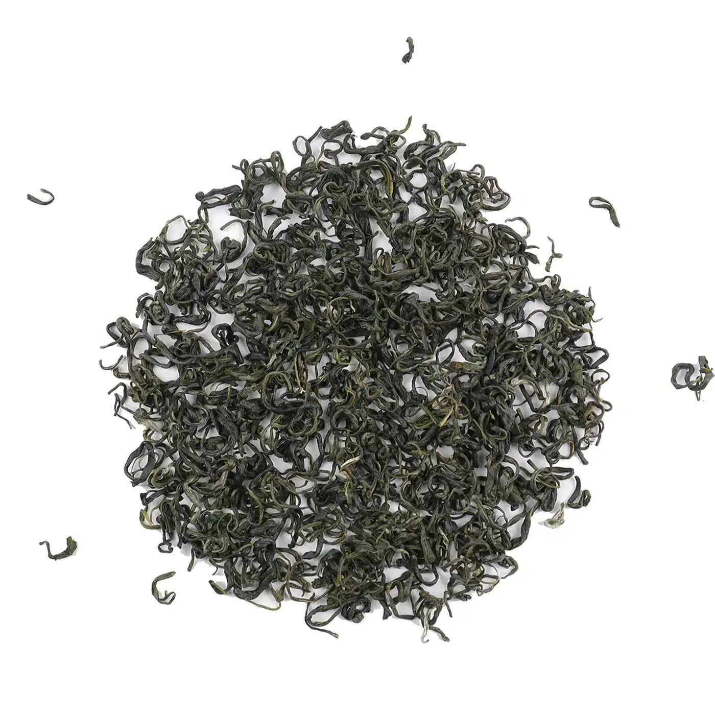 A pile of loose, dried Emei Maofeng Green Tea leaves from My Store is displayed on a white background.