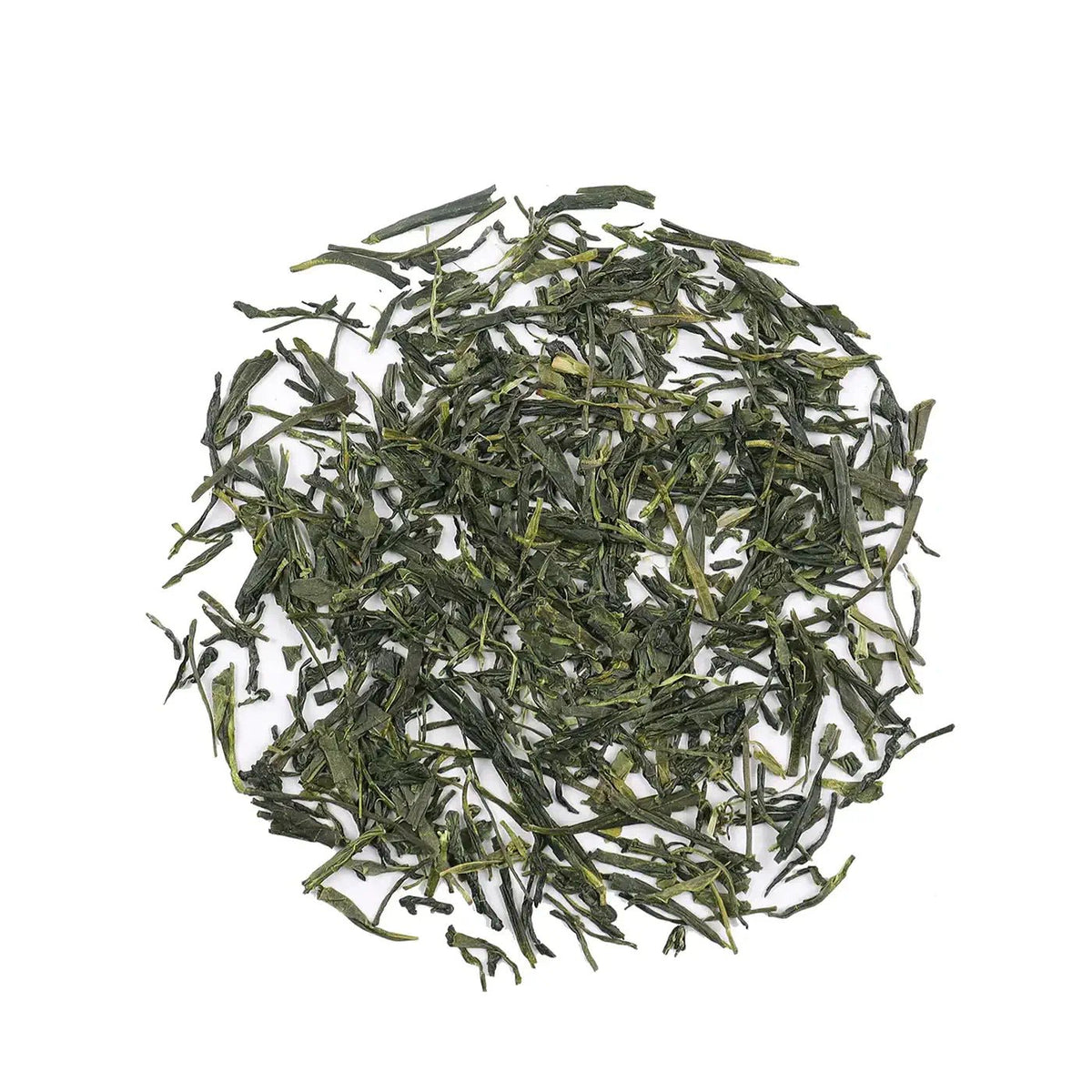 Enshi Yulu Green Tea leaves arranged in a circle on a white surface