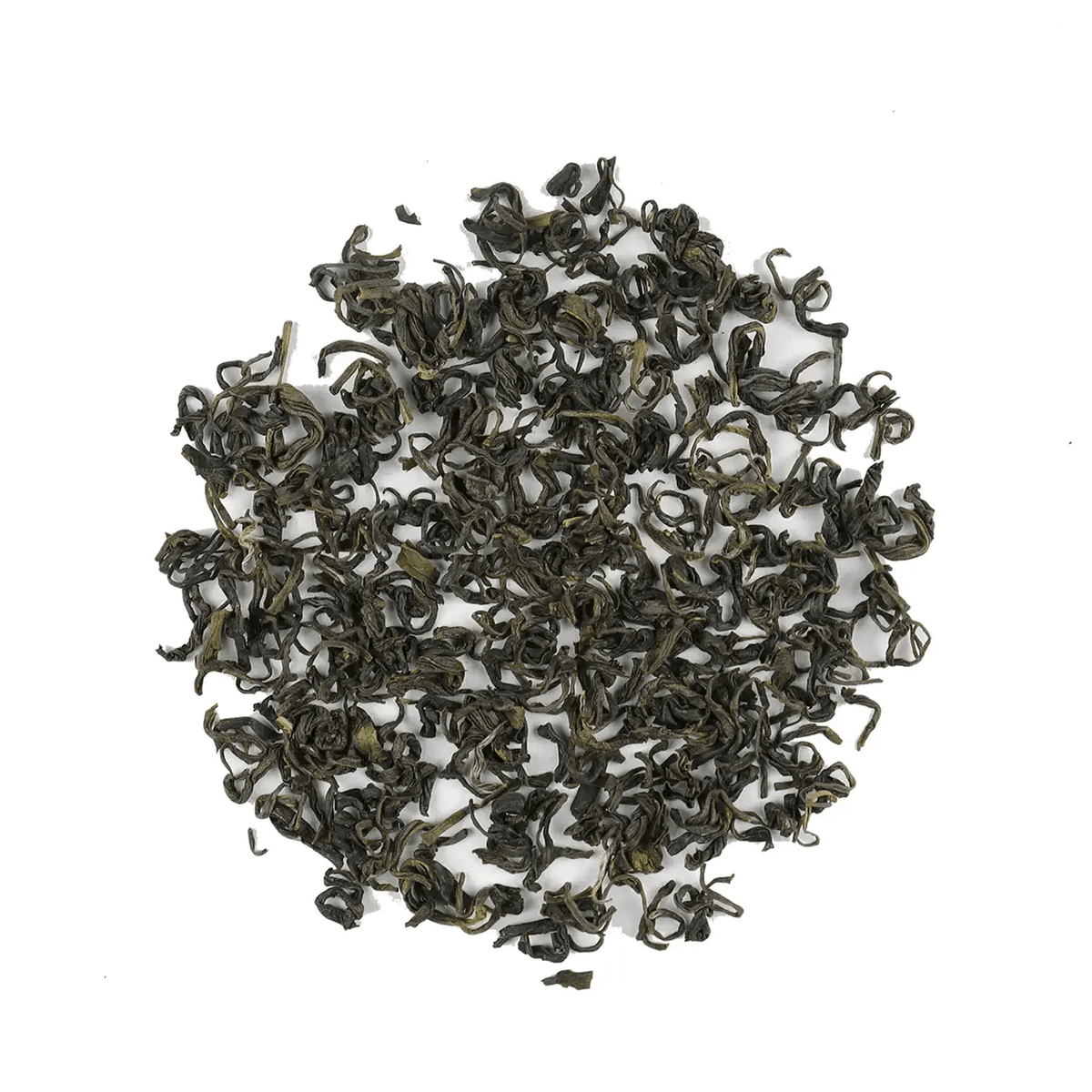 Gardenia Green Tea loose leaf blend arranged in a circle on a white background