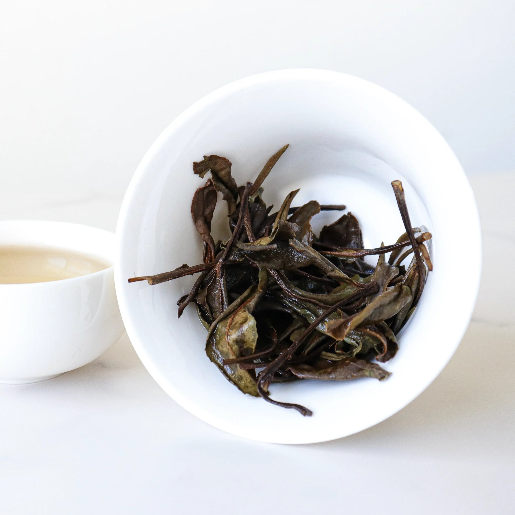 A white bowl tipped on its side holds wet, steeped Gong Mei White Tea leaves from My Store beside a cup of brewed tea, set on a white surface.