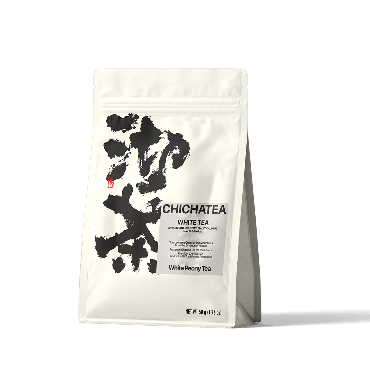 CHICHATEA white tea pouch packaging with neutral label and brush-style design.