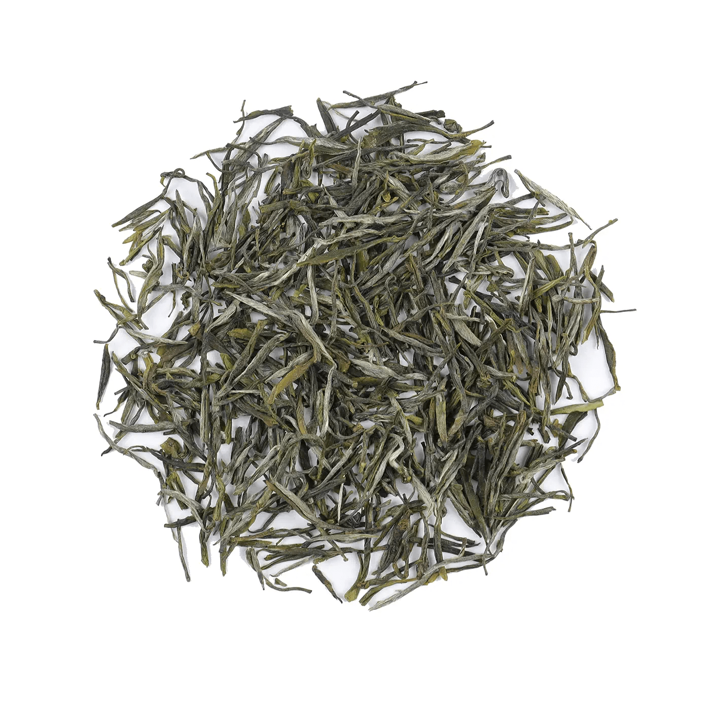 My Store’s Huangshan Maofeng Green Tea leaves are displayed in a circular pile on a white background, highlighting this famed Chinese tea known for its delicate flavor and wellness benefits.