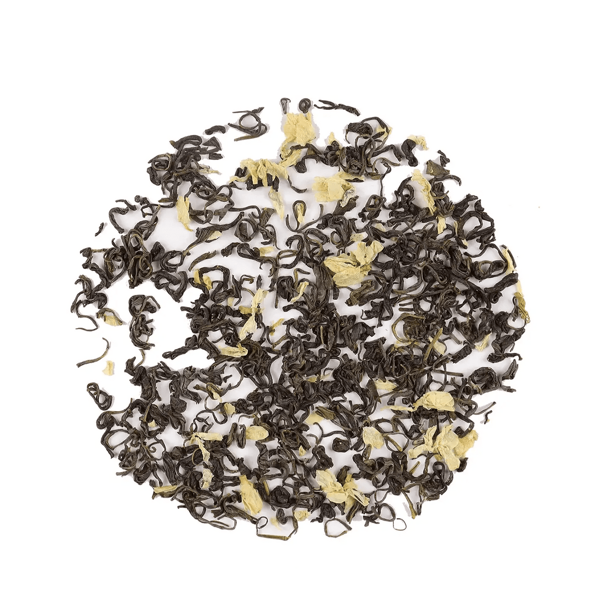 CHICHATEA Jasmine Green Tea loose leaves and jasmine petals arranged on a white background.