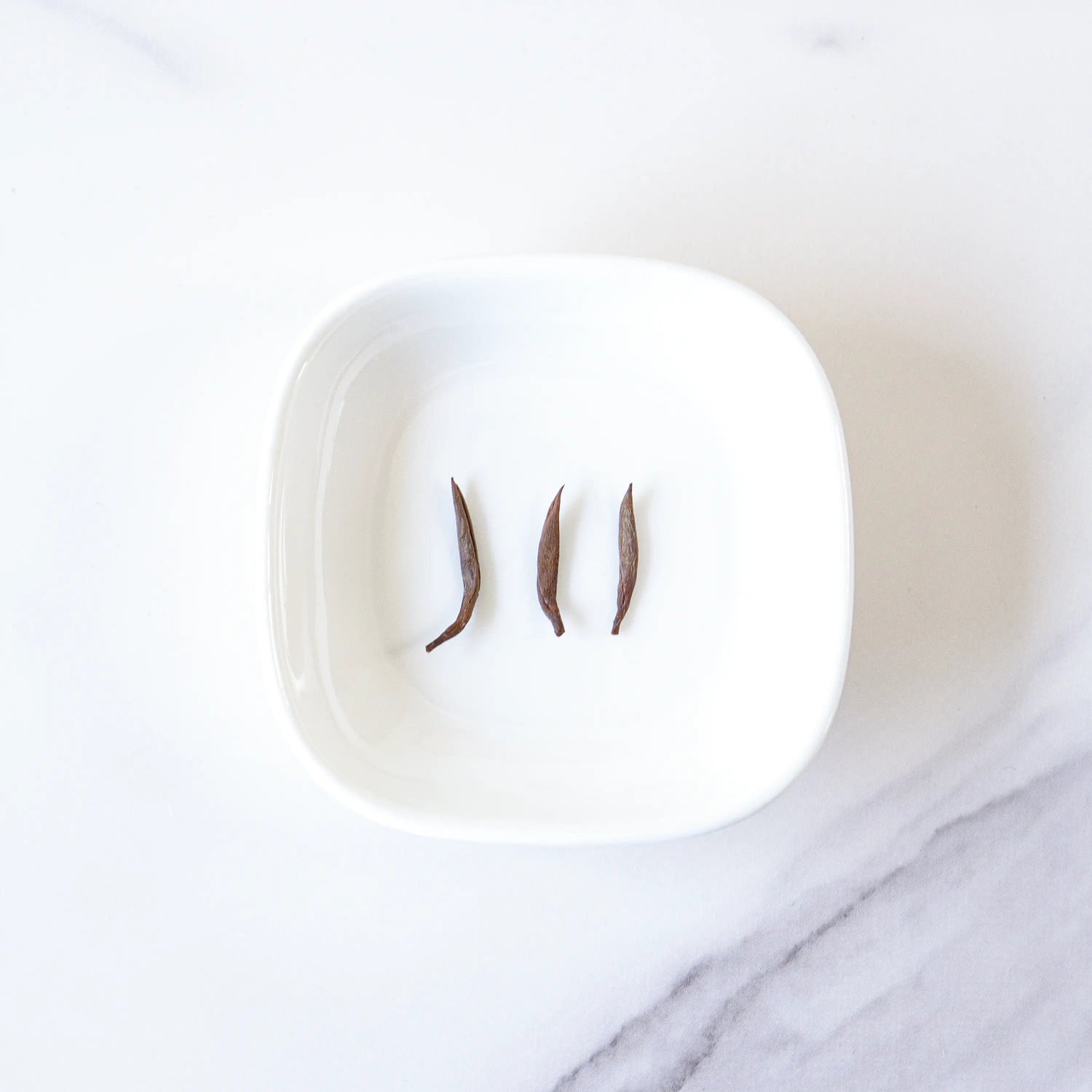Three dried brown seed pods, arranged on a white square dish, evoke the earthy tones of My Store’s Jin Jun Mei Black Tea—reminiscent of Wuyi Mountain loose leaf black tea—presented on a white marble surface.