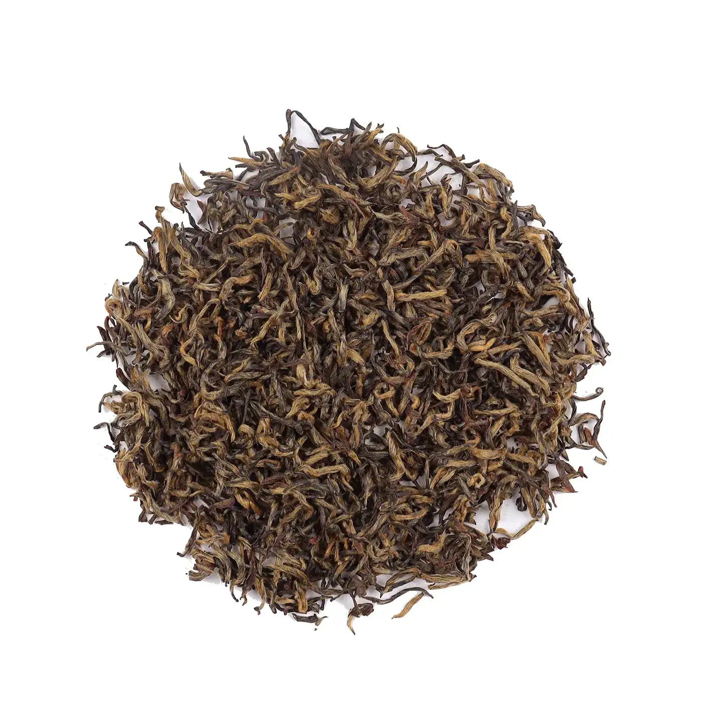 A circular pile of My Store Jin Jun Mei Black Tea loose leaves with golden tips, shown on a white background.