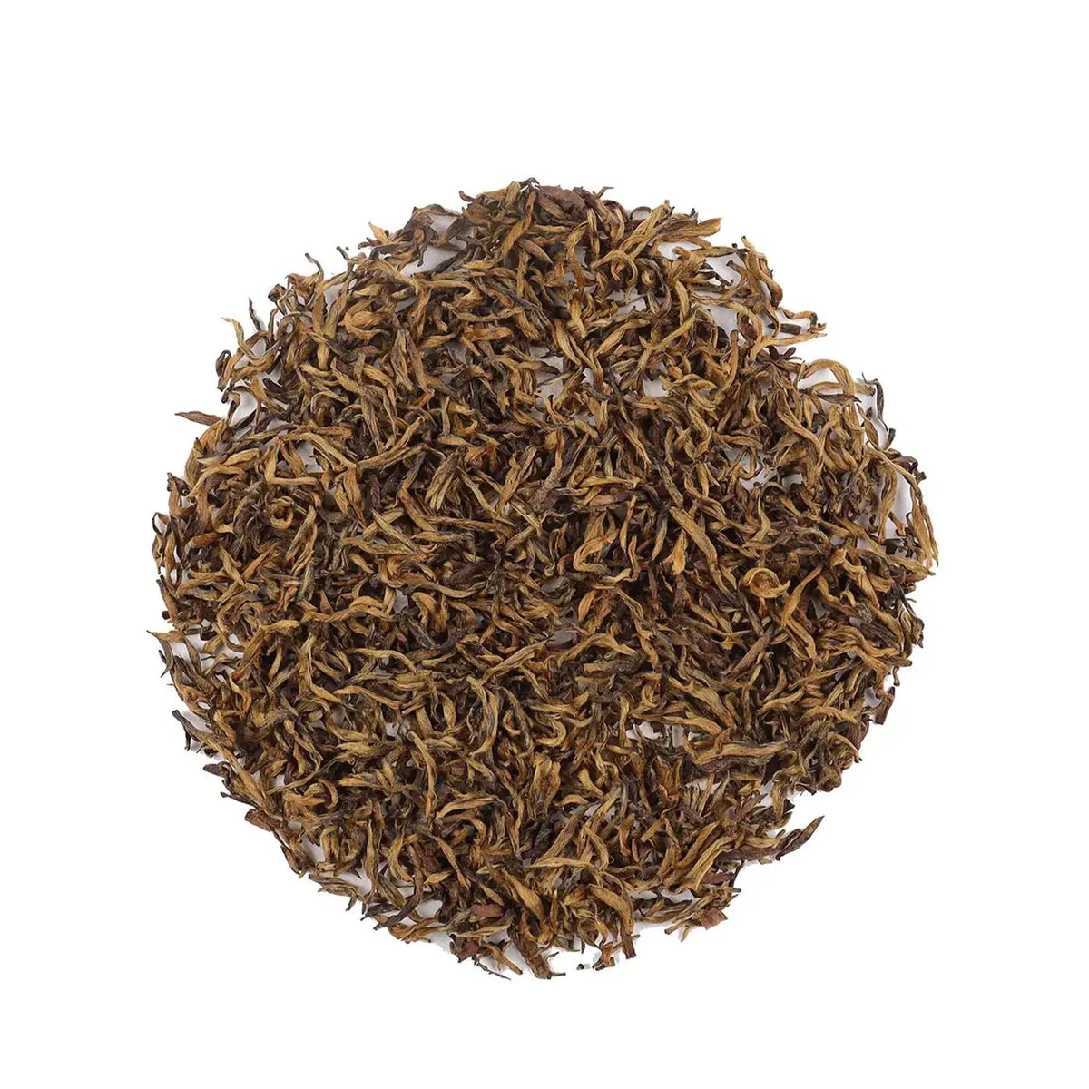 Keemun Black Tea dry leaves arranged in a round pile on a white background.