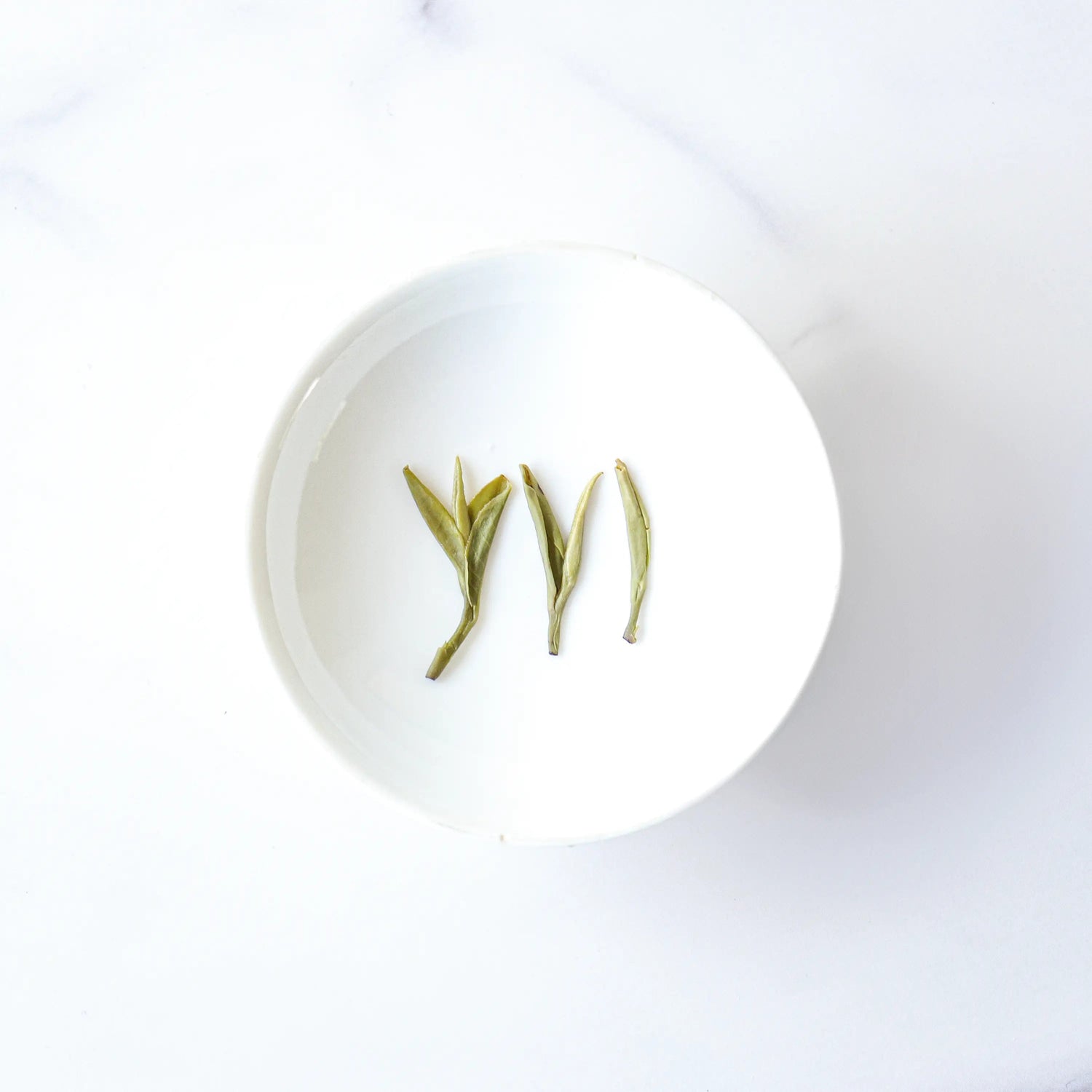Three flat Longjing Dragon Well Green Tea leaves on a white tasting dish.
