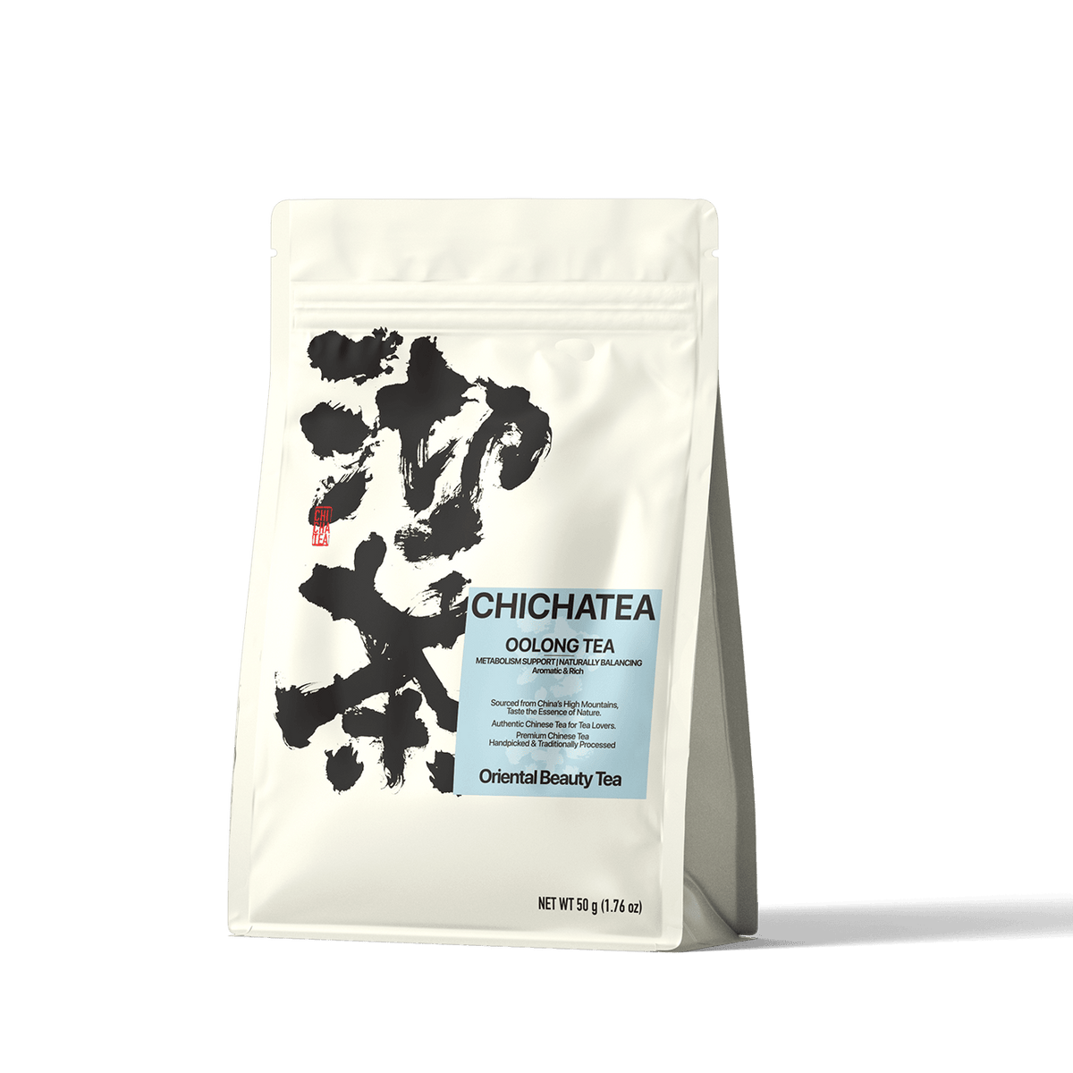 CHICHATEA oolong tea pouch packaging with blue label and brush-style design.