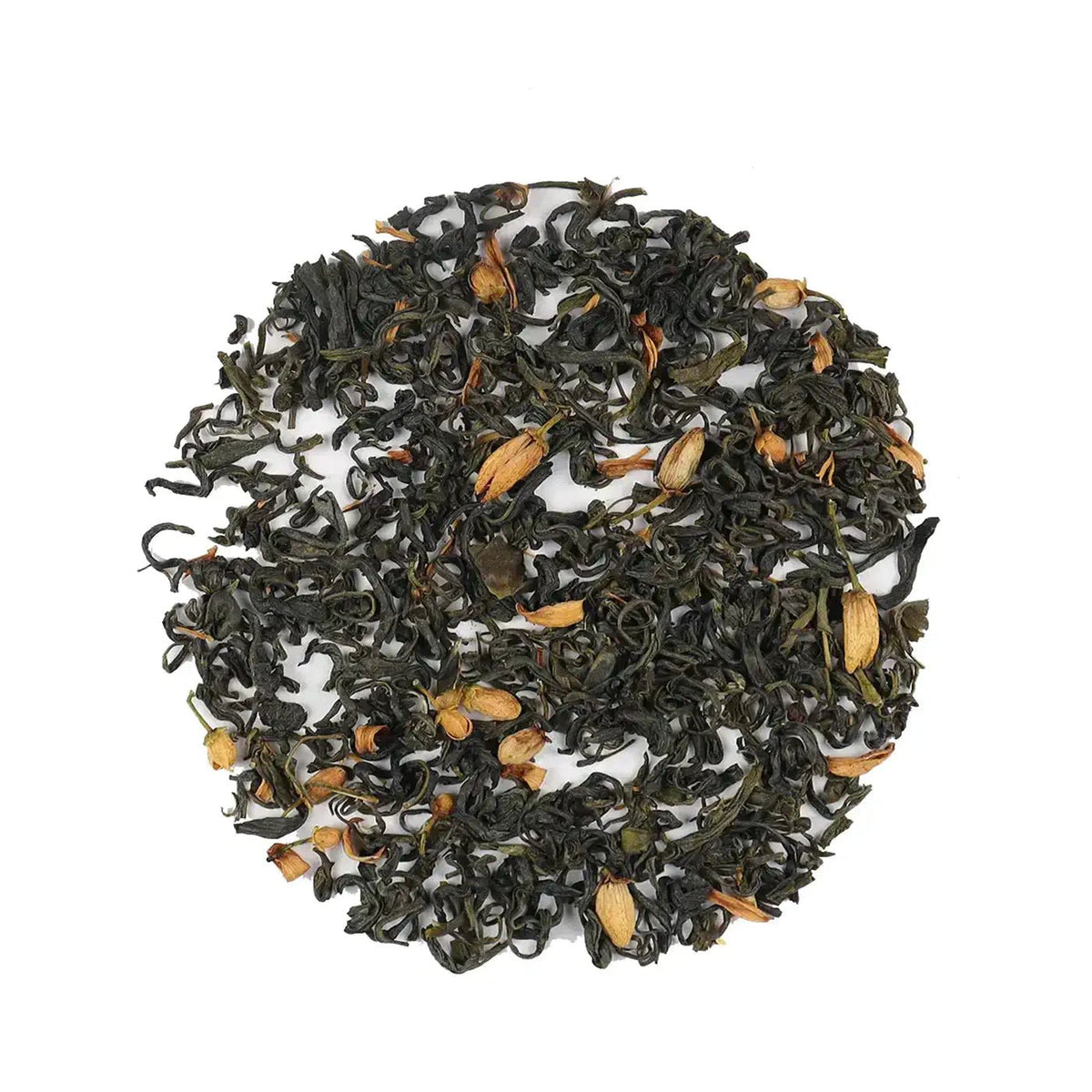 Pomelo Flower Green Tea loose leaf blend arranged in a circle on a white background