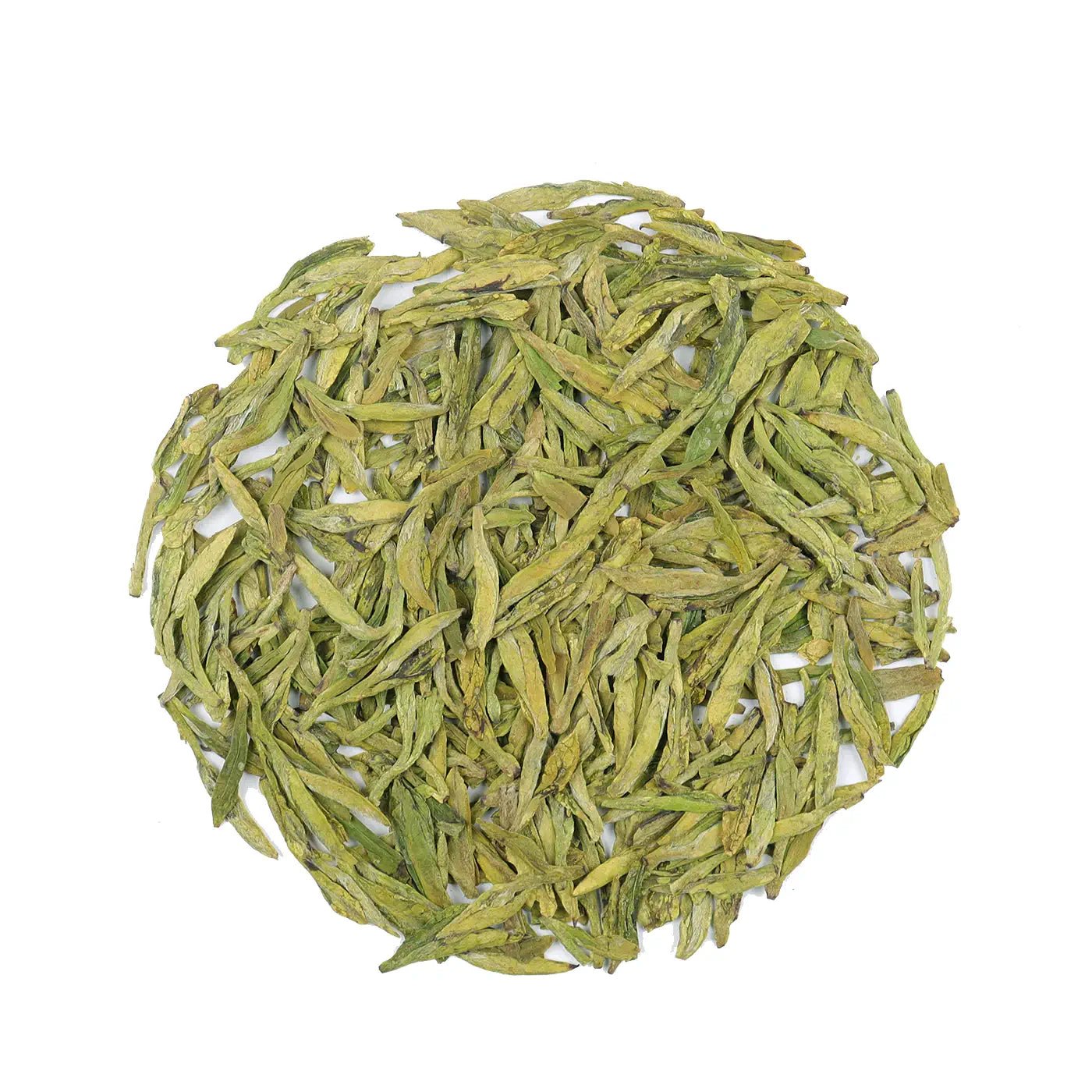 A circular pile of loose, flat Xihu Longjing Dragon Well Green Tea leaves from My Store on a white background—ideal for your daily tea ritual.