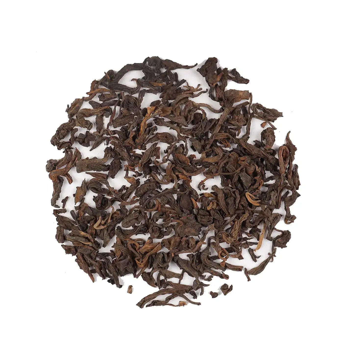 Ripened Pu'er Tea by My Store features loose leaf tea leaves, recognized for their unique fermentation process, artfully arranged in a circular shape against a white background.