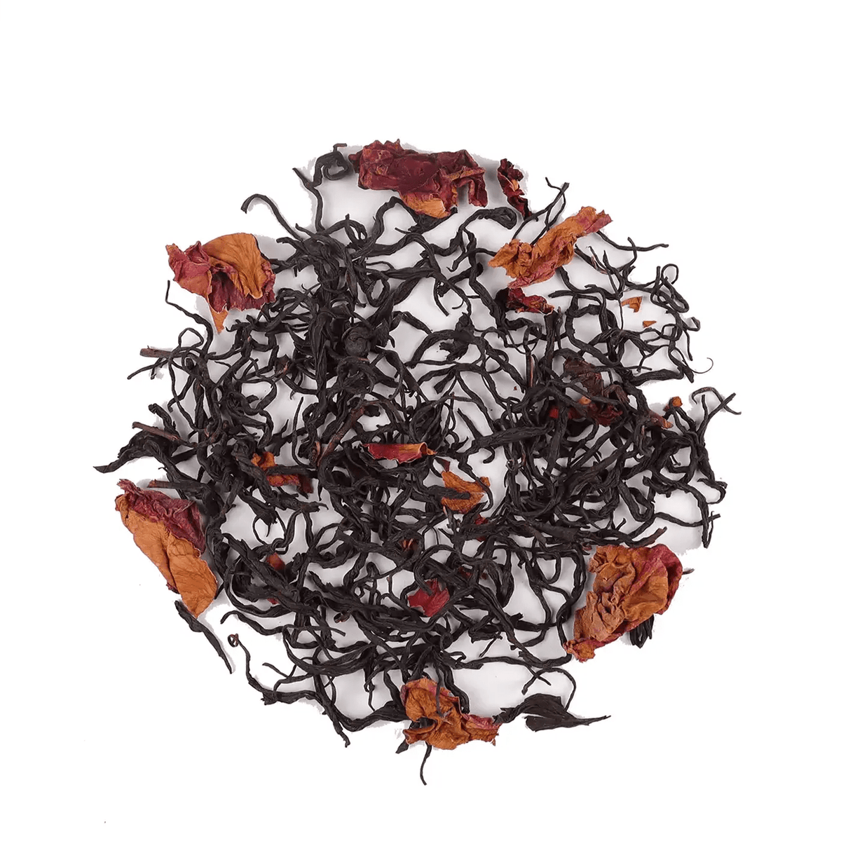 CHICHATEA Rose Black Tea loose Dianhong leaves with dried rose petals arranged on a white background