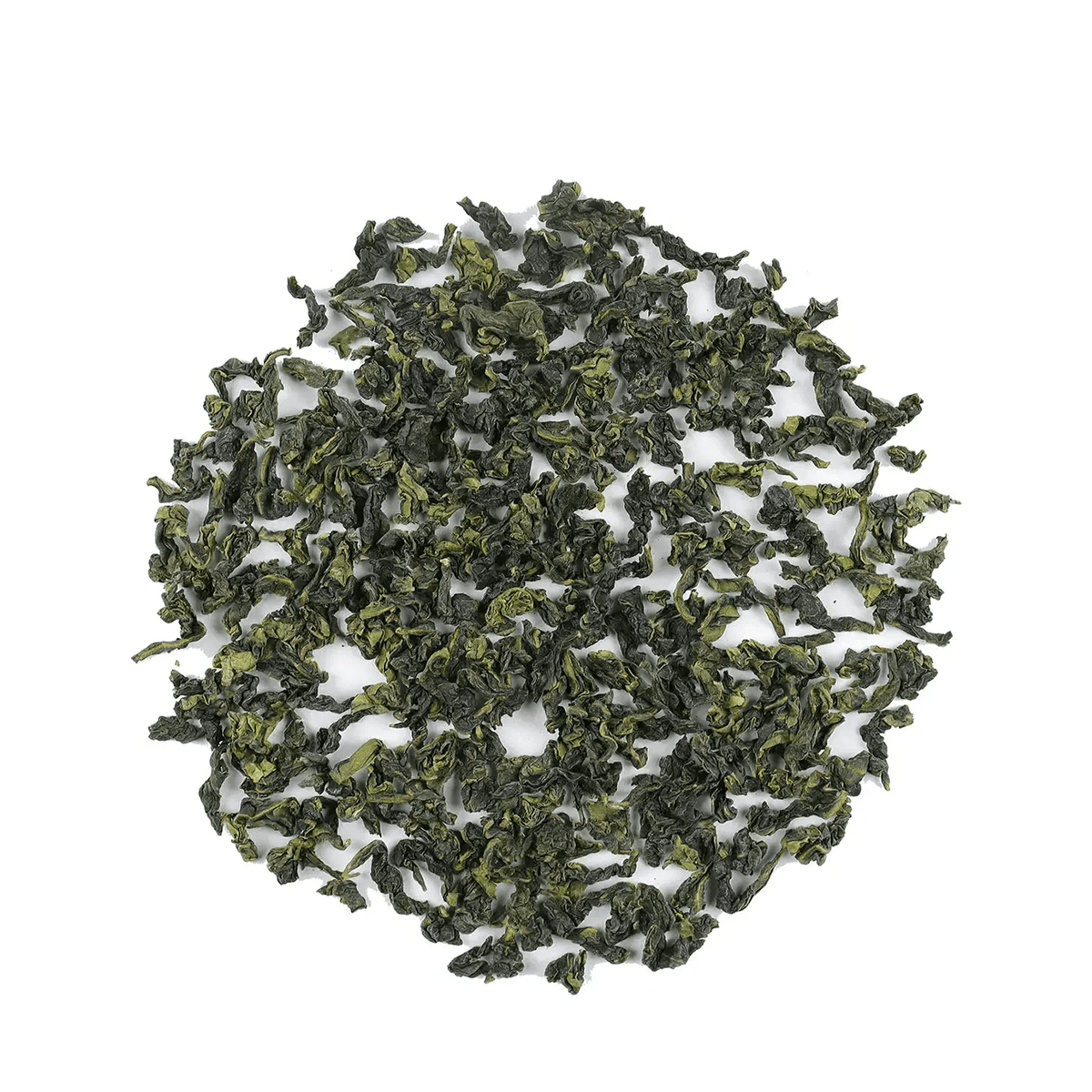 Tie Guan Yin Oolong Tea loose leaves arranged in a round pile on a white background.