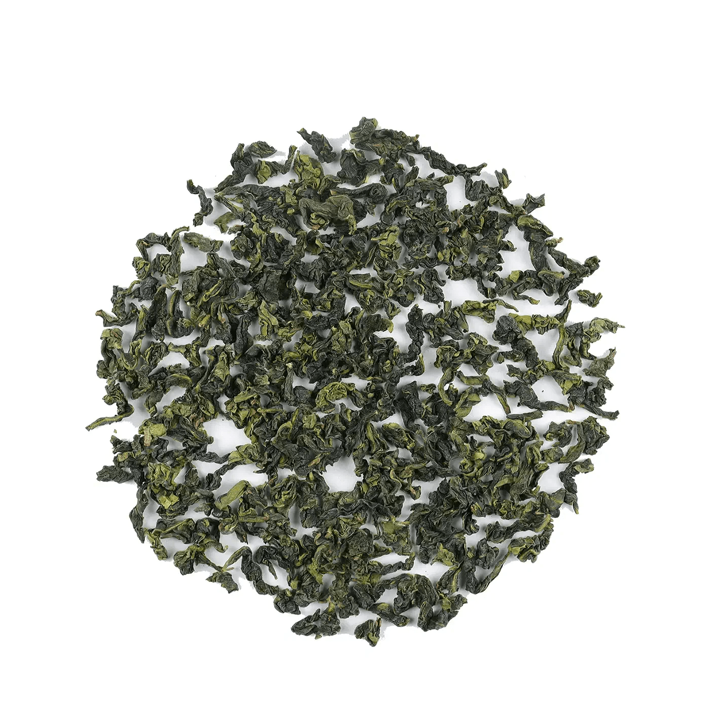 Tie Guan Yin Oolong Tea by My Store features loose leaves arranged in a circle on a white background, highlighting their signature orchid aroma.