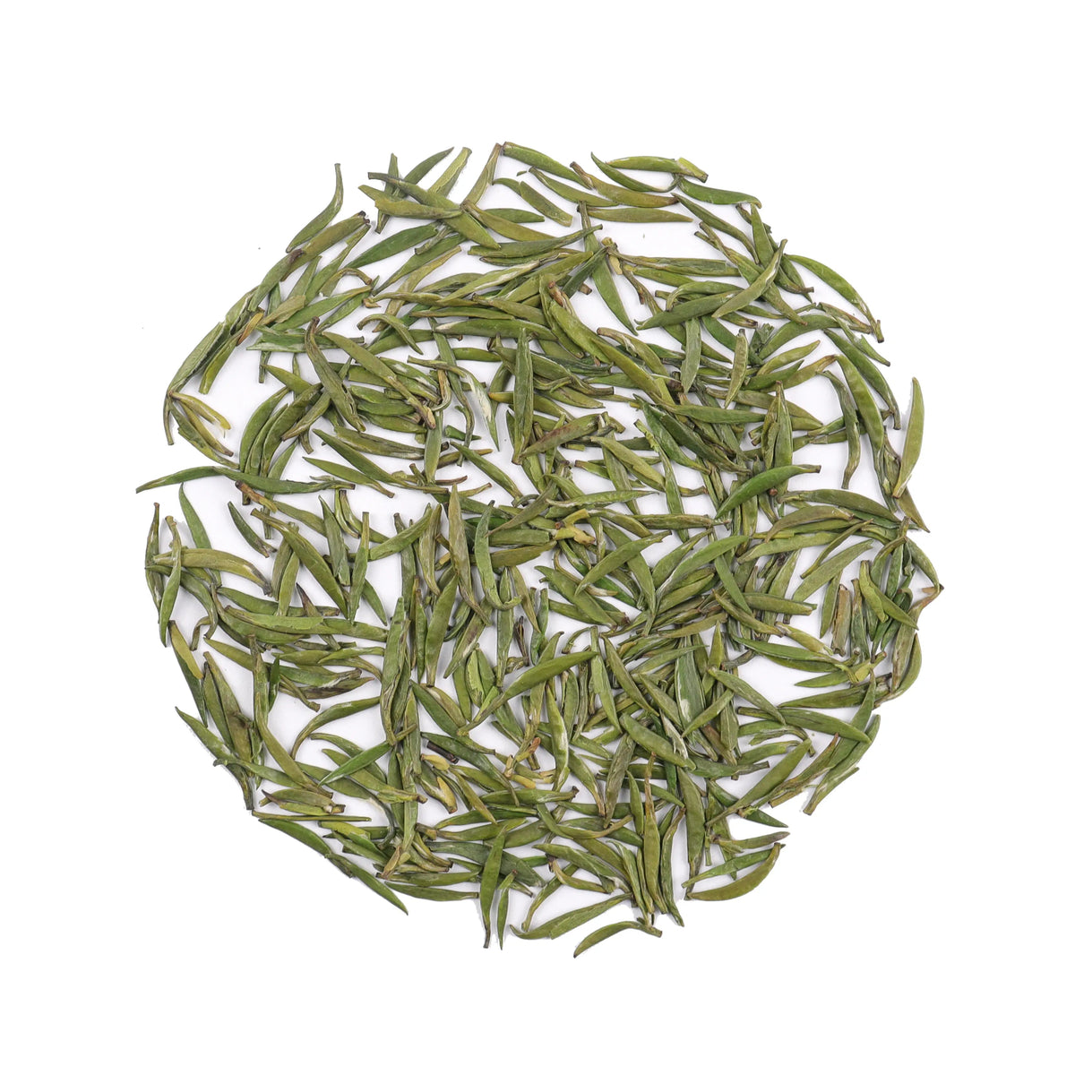 Zhu Ye Qing Green Tea leaves arranged in a circle on a white background