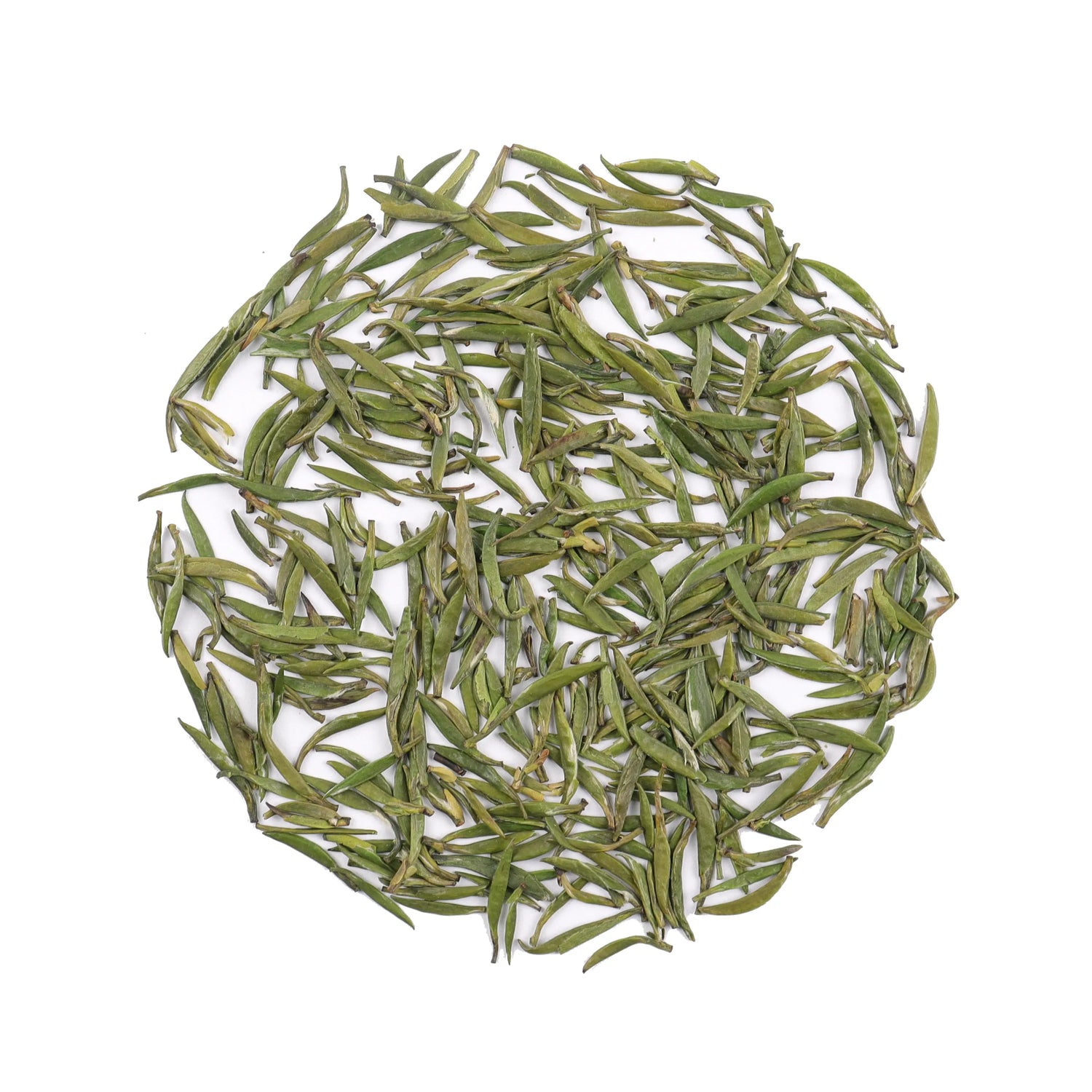 Loose dried Zhu Ye Qing Green Tea leaves from My Store arranged in a circle on a white background, highlighting this premium Chinese tea's fresh flavor and wellness benefits.