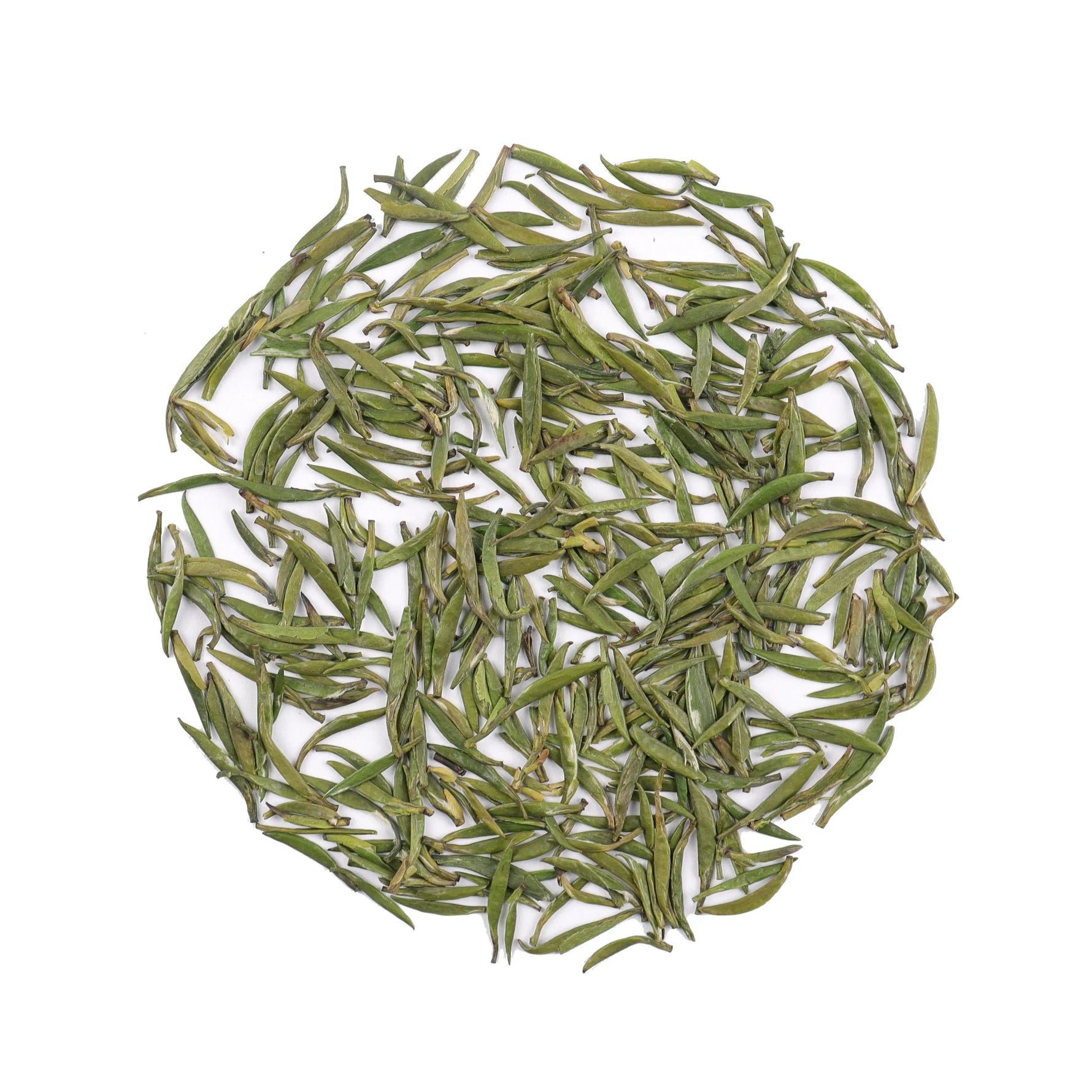Loose dried Zhu Ye Qing Green Tea leaves from My Store arranged in a circle on a white background, highlighting this premium Chinese tea's fresh flavor and wellness benefits.